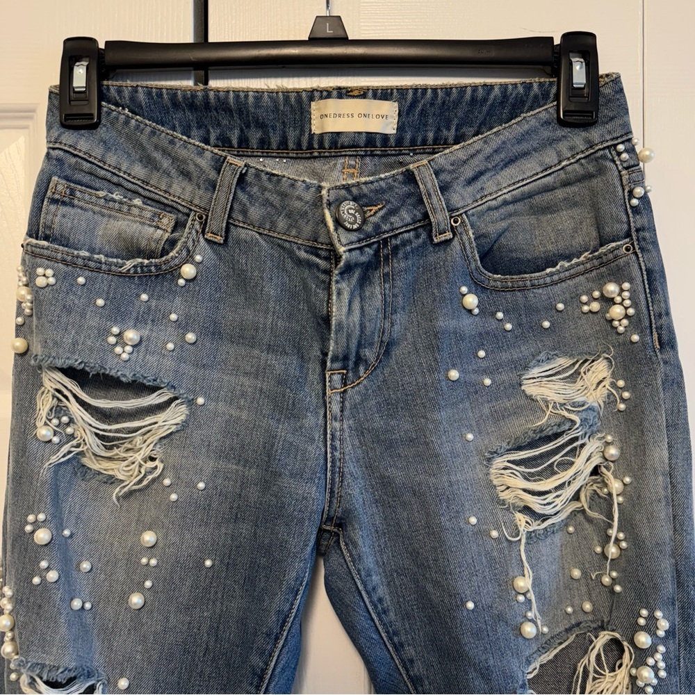 One dress One love Distressed Blue Jeans with Pearl Accents, Size 26-27 - Picture 2 of 9